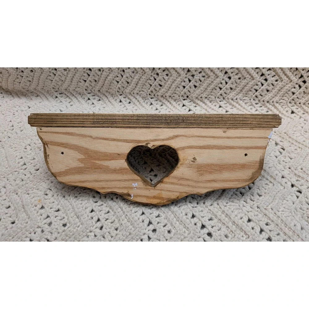 Vintage Wood Wall Shelf Heart Cutout 2 Peg Hooks Rustic Farmhouse Brown 12 Inch
